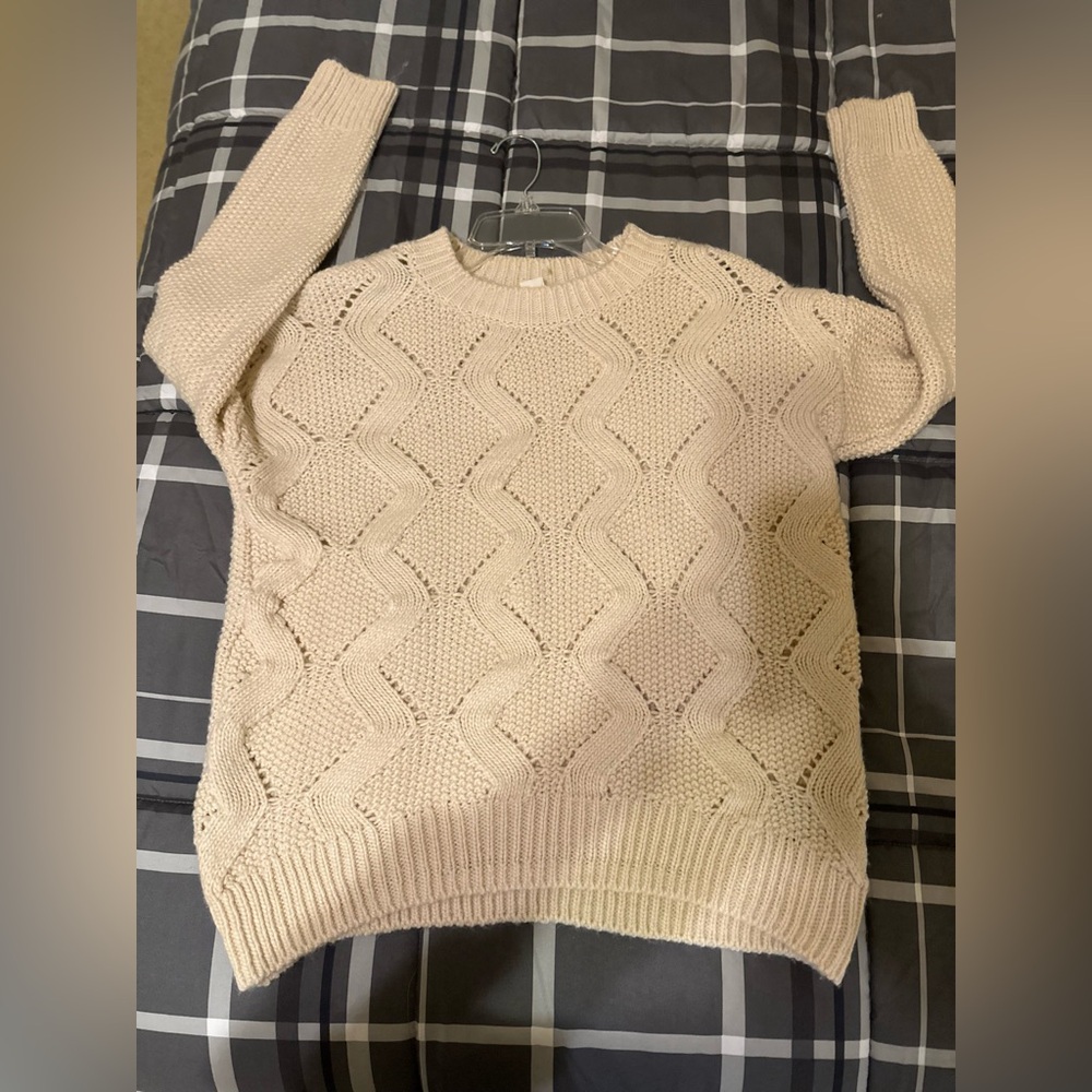H&M Women's XS Oversized Ivory Cable-Knit Pullover‎ Sweater Pointelle Open Knit
